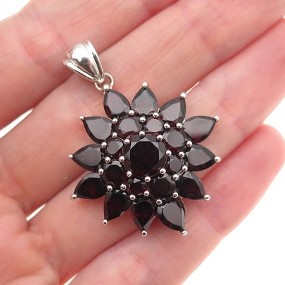 925 Sterling Silver Vintage Real Red Garnet Floral Charm Pendant
