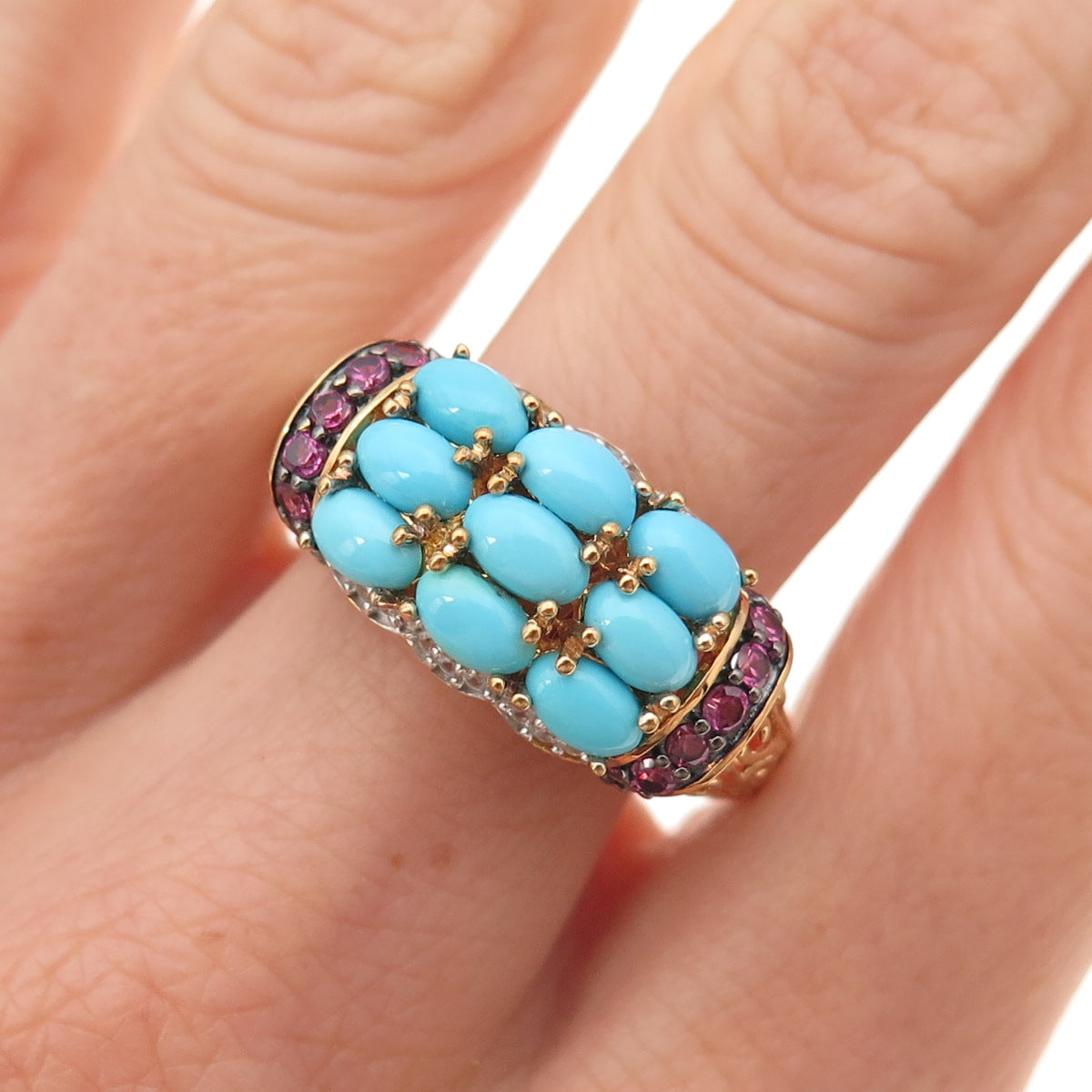 925 Sterling Silver Gold Plated Real Turquoise & Pink Sapphire Ring Size 8.25