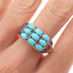 925 Sterling Silver Gold Plated Real Turquoise & Pink Sapphire Ring Size 8.25