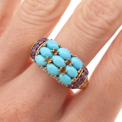 925 Sterling Silver Gold Plated Real Turquoise & Pink Sapphire Ring Size 8.25