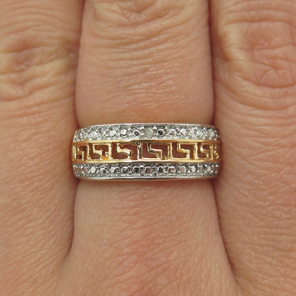 925 Sterling Silver 2-Tone Real Diamond Accent Greek Maze Ring Size 6.75