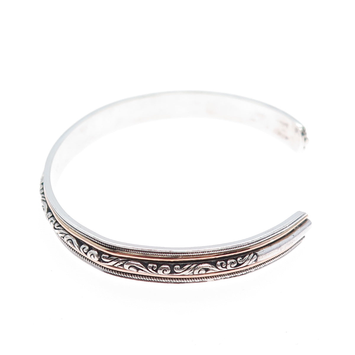 925 Sterling Silver 2-Tone Vintage Floral Scroll Adjustable Cuff Bracelet 7.75"