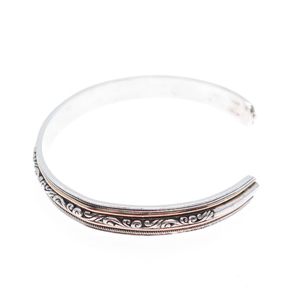 925 Sterling Silver 2-Tone Vintage Floral Scroll Adjustable Cuff Bracelet 7.75"