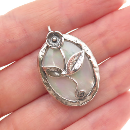 925 Sterling Silver Vintage Israel Real MOP Floral Oxidized Charm Pendant