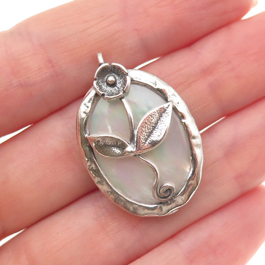 925 Sterling Silver Vintage Israel Real MOP Floral Oxidized Charm Pendant