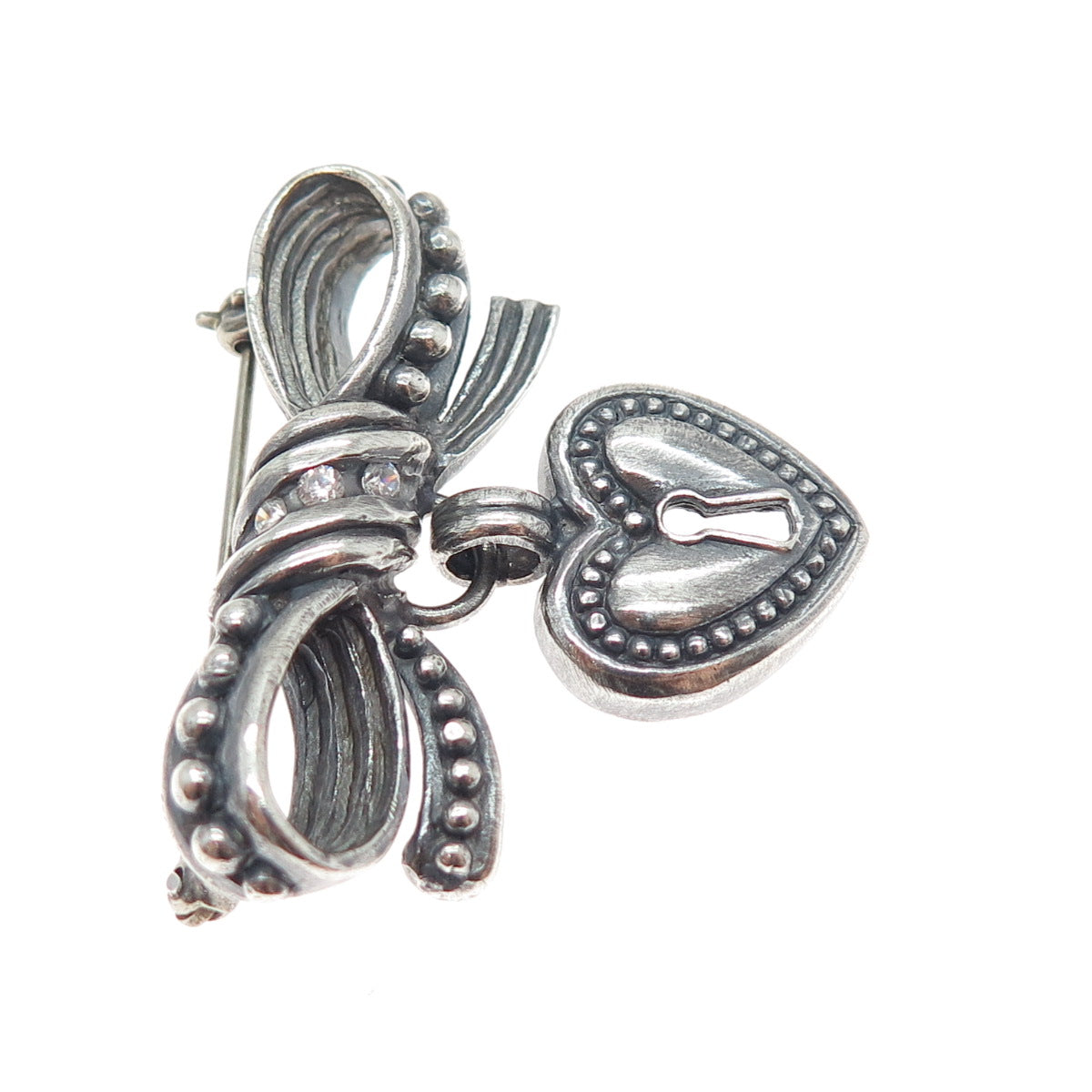 925 Sterling Silver Vintage C Z Ribbon Bow Heart Lock Oxidized Pin Brooch