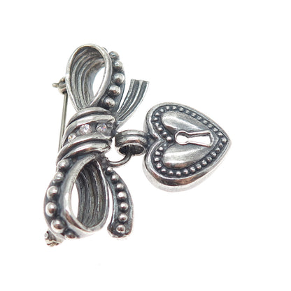 925 Sterling Silver Vintage C Z Ribbon Bow Heart Lock Oxidized Pin Brooch