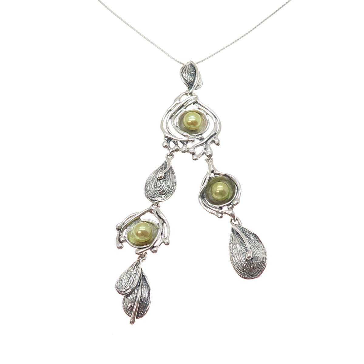 HAGIT GORALI Sterling Vintage Israel Real Pearl Modernist Box Chain Necklace 28"