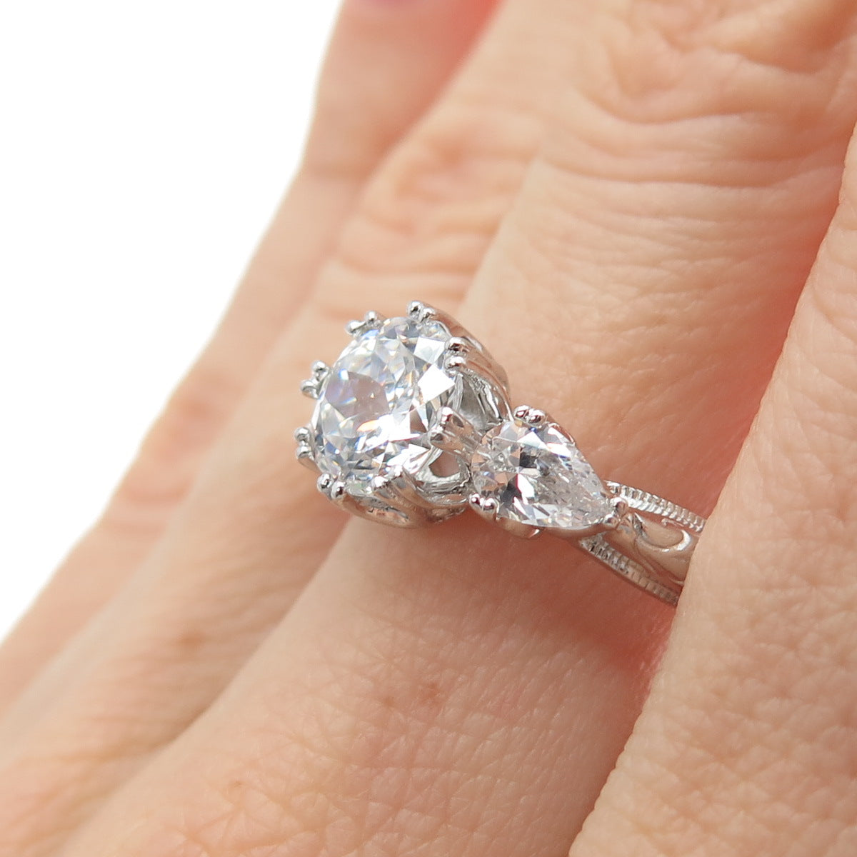 TACORI 925 Sterling Silver Round & Pear-Cut C Z Engagement Ring Size 8.25