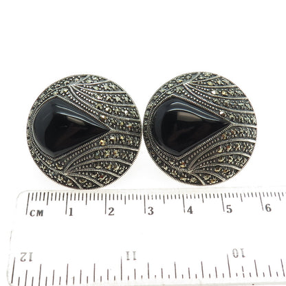 925 Sterling Silver Antique Art Deco Real Black Onyx Marcasite Clip On Earrings