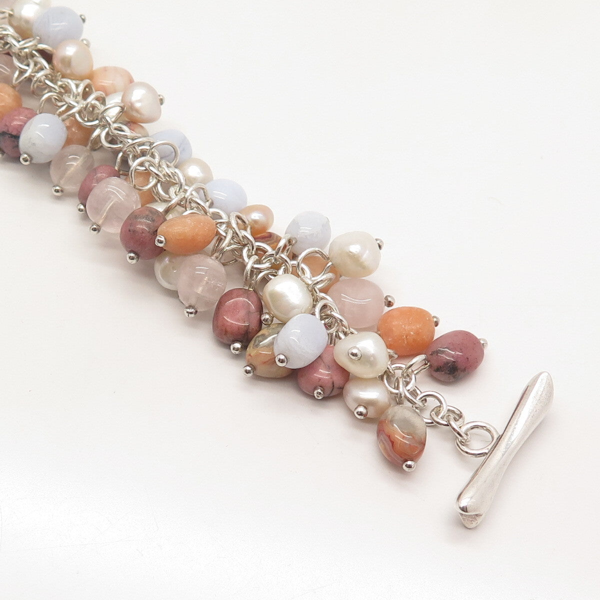 925 Sterling Silver Vintage Whitney Kelly Pearl Agate Rhodonite Gem Bracelet 7"