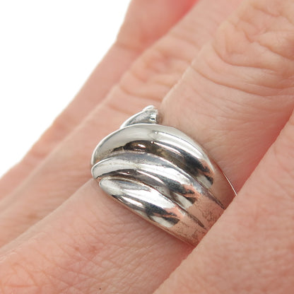 925 Sterling Silver Vintage Modernist Ribbed Bypass Ring Size 6