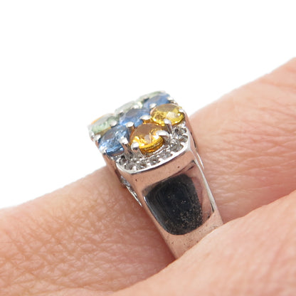 925 Sterling Silver Real Multi-Color Sapphire & White Topaz Cluster Ring Size 7