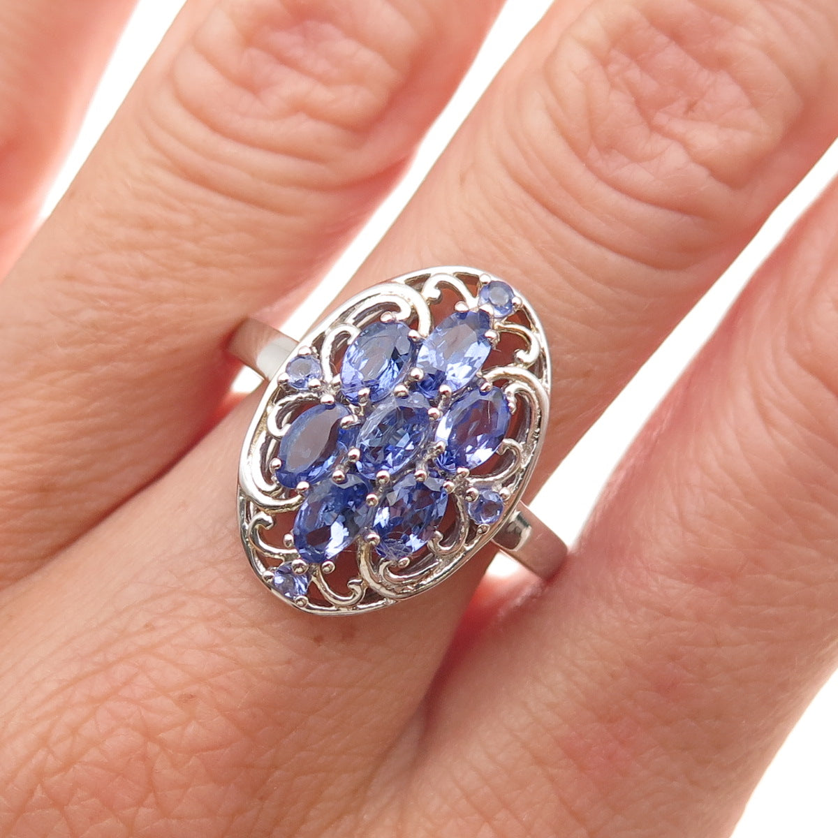 Chuck Clemency 925 Sterling Silver Real Oval & Round-Cut Tanzanite Ring Size 8