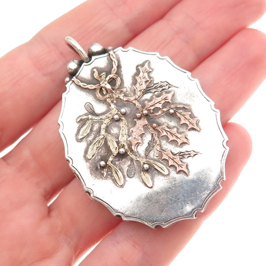 925 Sterling Silver & Gold Antique French Art Nouveau Floral Locket Pendant