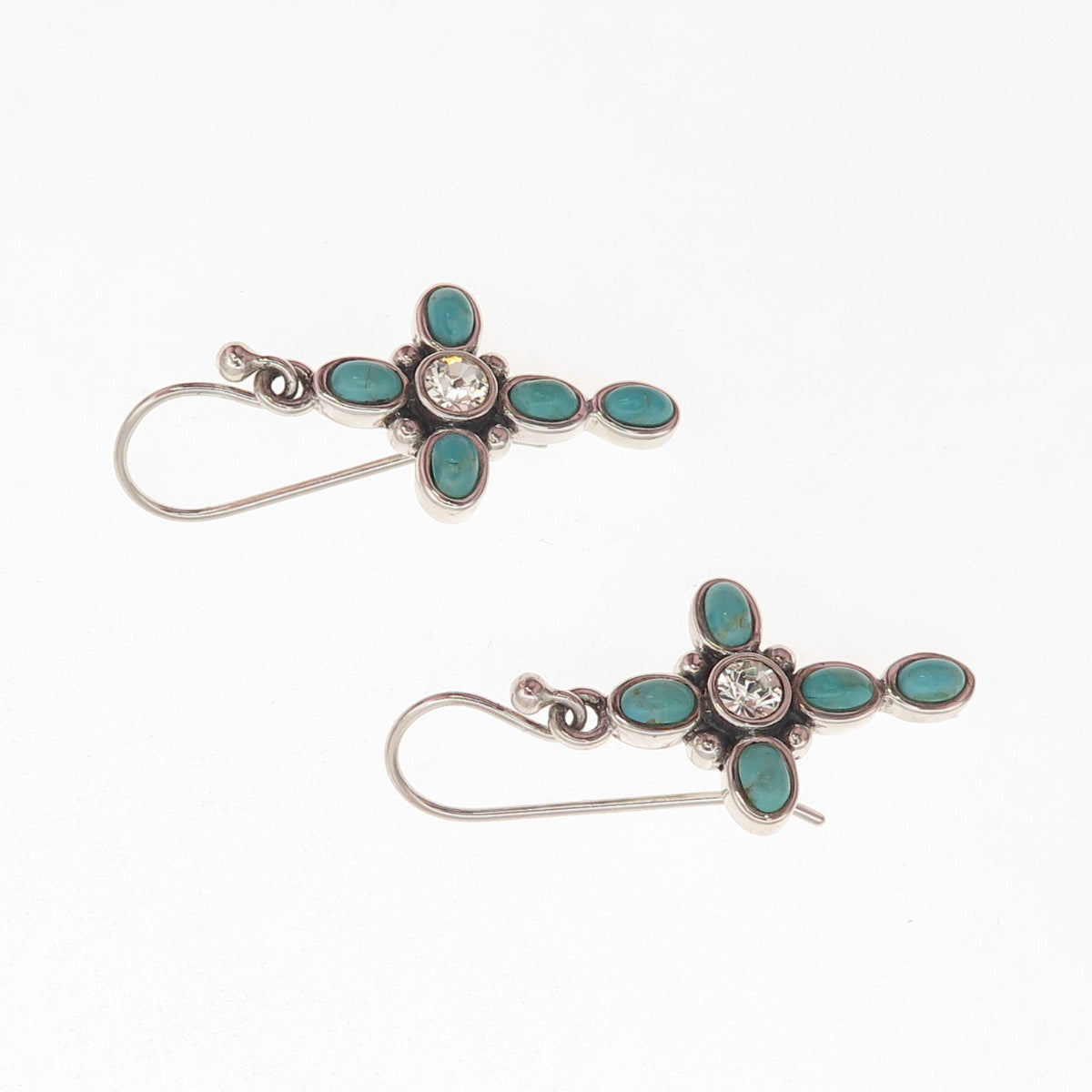 BARSE Sterling Silver Vintage Rhinestone Real Turquoise Cross Dangle Earrings