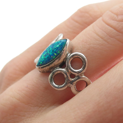 925 Sterling Silver Vintage Marquise-Cut Blue Opal Gemstone Circles Ring Size 8