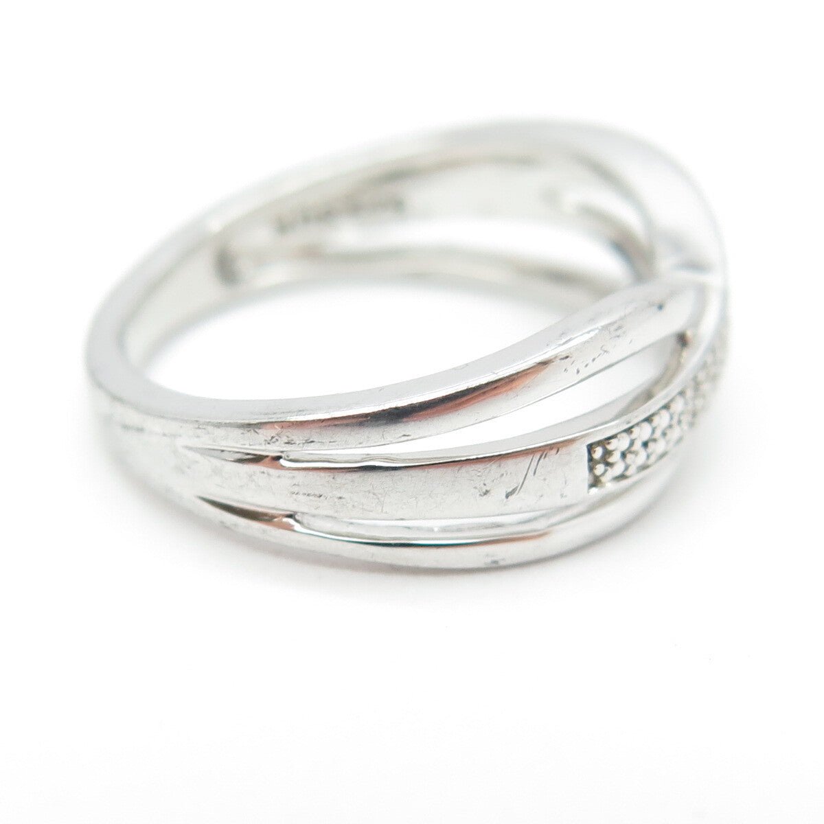 SUN 925 Sterling Silver Real Round-Cut Diamond Crisscross Ring Size 7