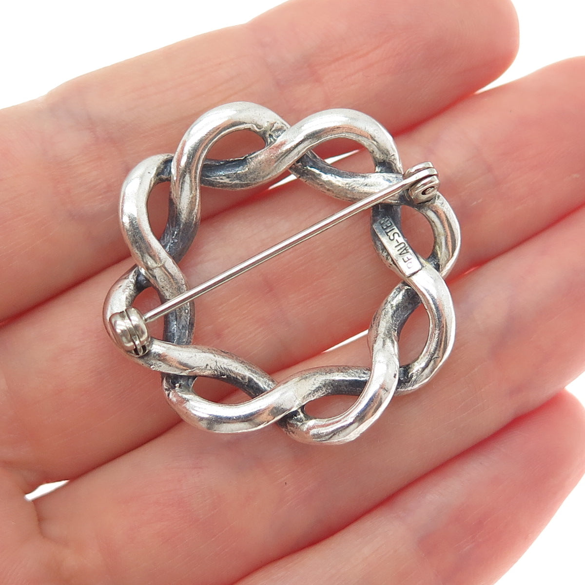 BEAU 925 Sterling Silver Vintage Modernist Woven Circle Oxidized Pin Brooch