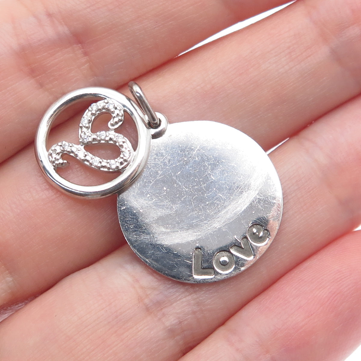 925 Sterling Silver Round-Cut C Z Love Shh! Heart Double Charm Pendant
