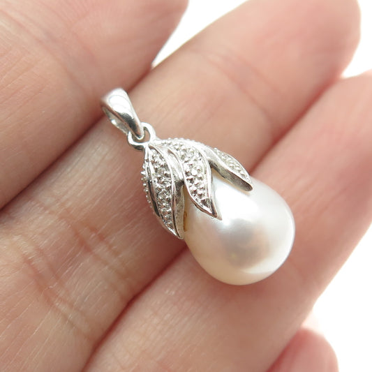 925 Sterling Silver Real Round-Cut Diamond & Pearl Minimalist Pendant