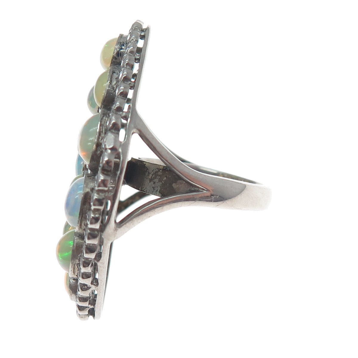 925 Sterling Silver Vintage Real Opal White Topaz Statement Oxidized Ring Size 7