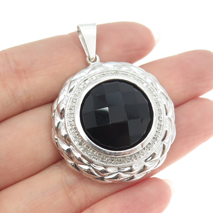 925 Sterling Silver Real Round-Cut Diamond & Black Onyx Round Pendant