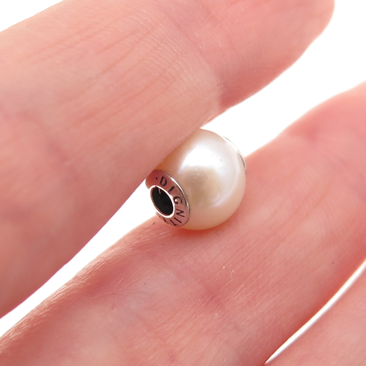 Pandora 925 Sterling Silver Faux Pearl Essence Dignity Slide Bead Charm