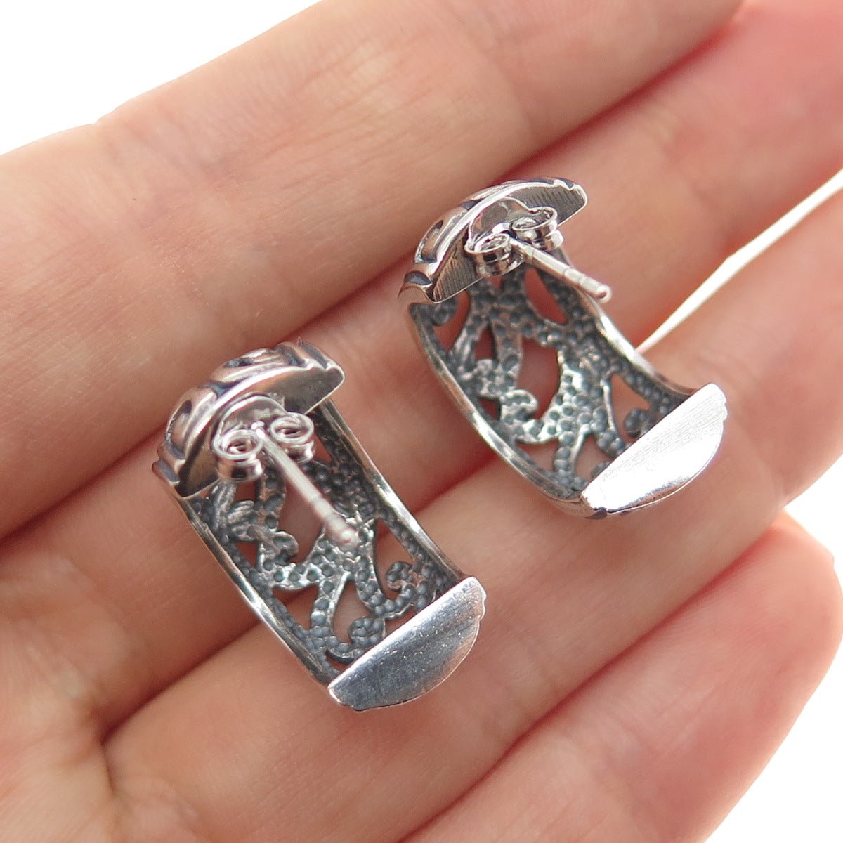 925 Sterling Silver Vintage Swirl Oxidized Hoop Earrings