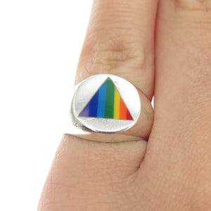 925 Sterling Silver Vintage Rainbow Enamel "Happy Pride" Signet Ring Size 5