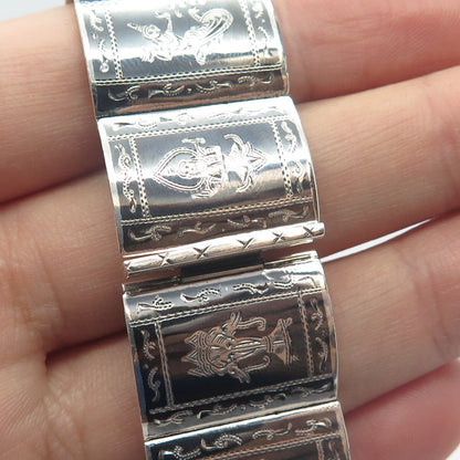 925 Sterling Silver Vintage Niello Hindu Goddess Panel Link Bracelet 6.5"