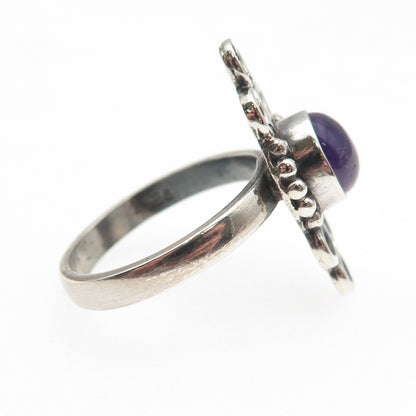 925 Sterling Silver Vintage Real Amethyst Modernist Oxidized Ring Size 8.5
