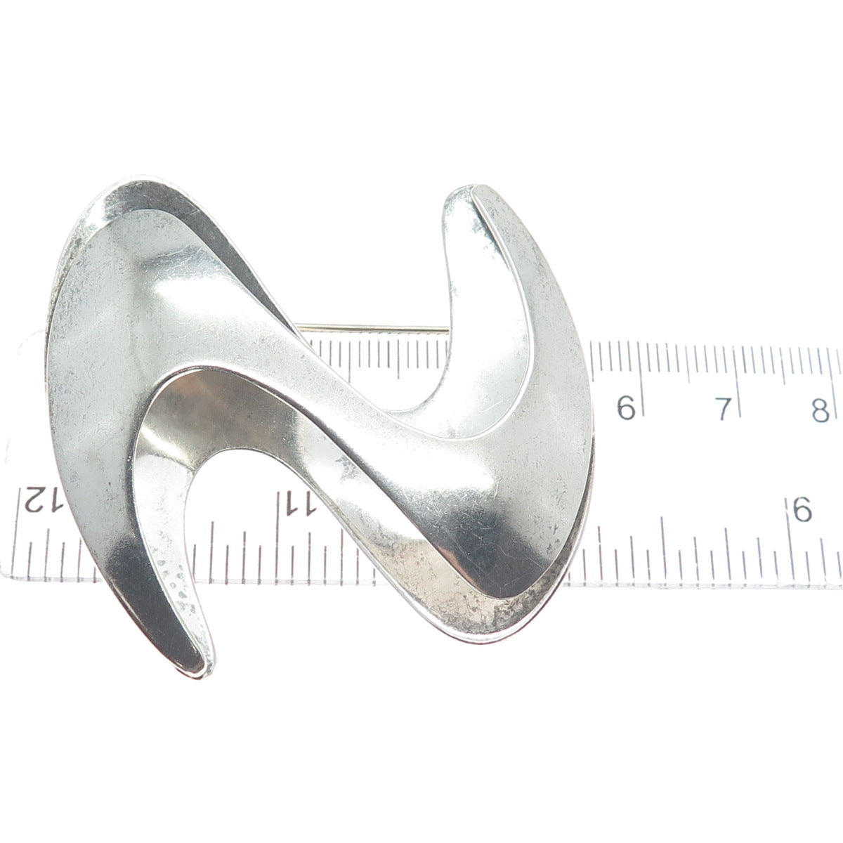 925 Sterling Silver Vintage Mexico Modernist Wavy Letter S Pin Brooch