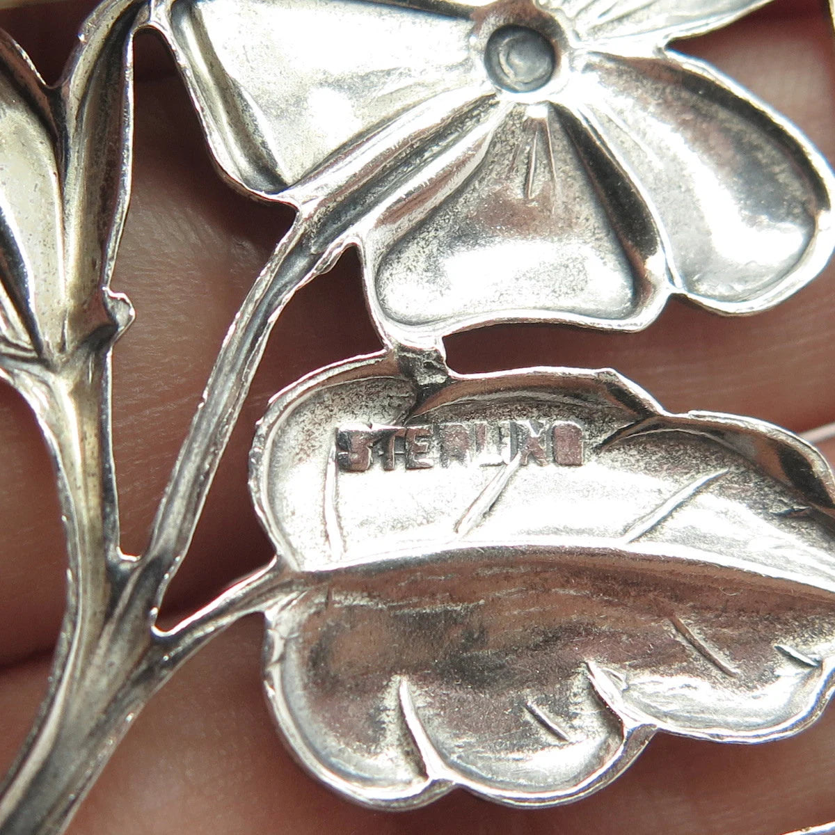 925 Sterling Silver Vintage Floral Blossom Square Pin Brooch