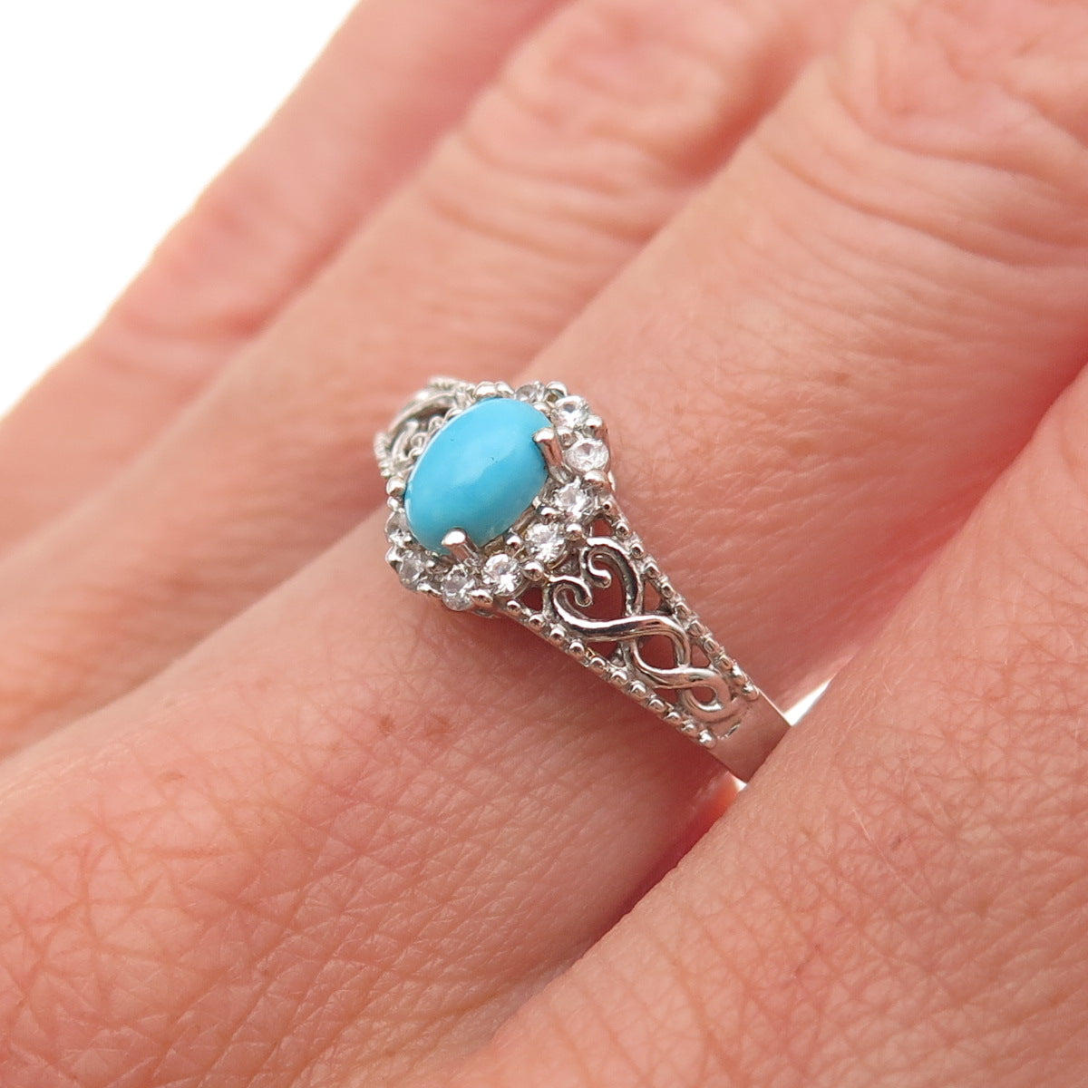 Chuck Clemency 925 Sterling Silver Real Turquoise & White Topaz Ring Size 7.25