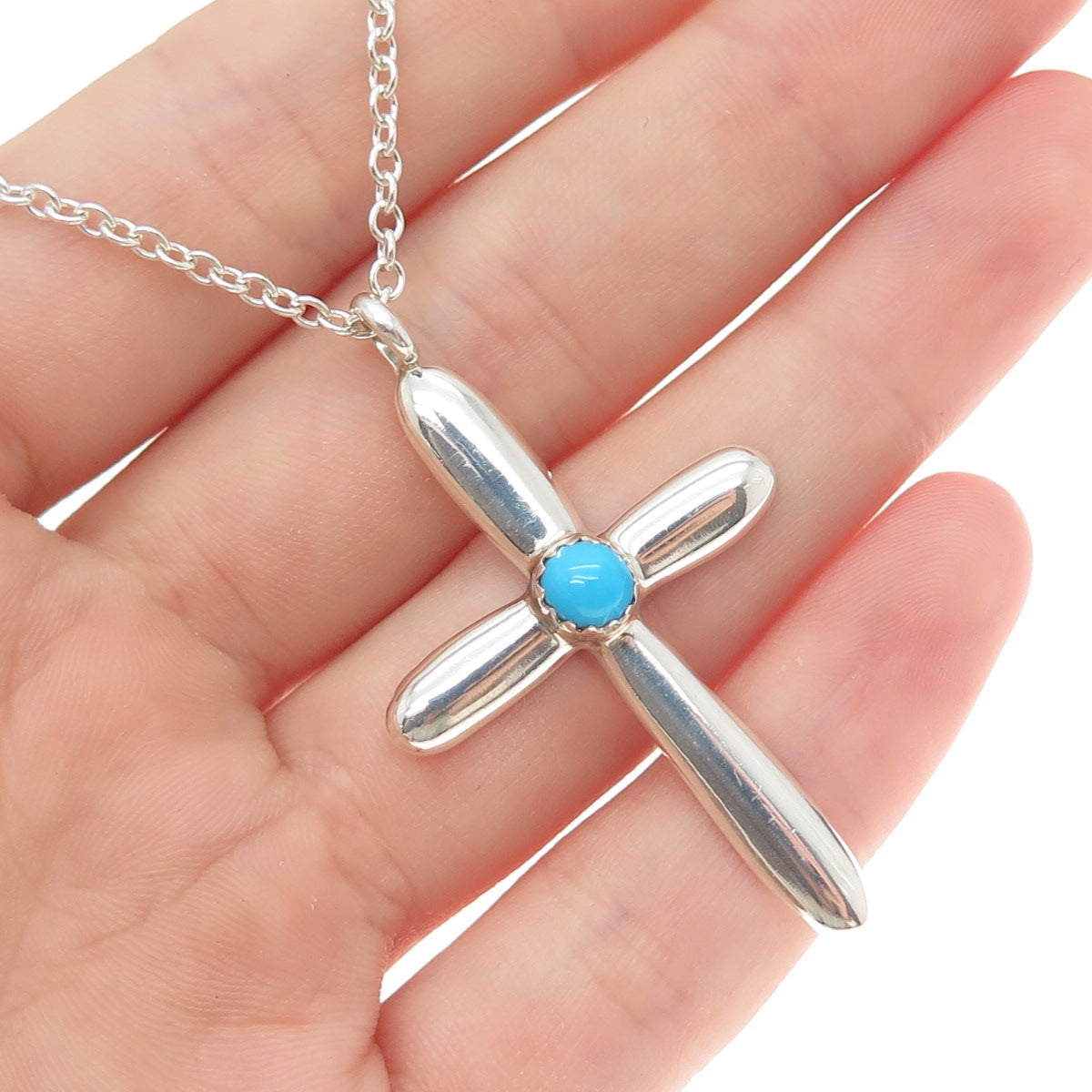 Old Pawn 925 Sterling Silver Vintage Turquoise Cross Cable Chain Necklace 20"
