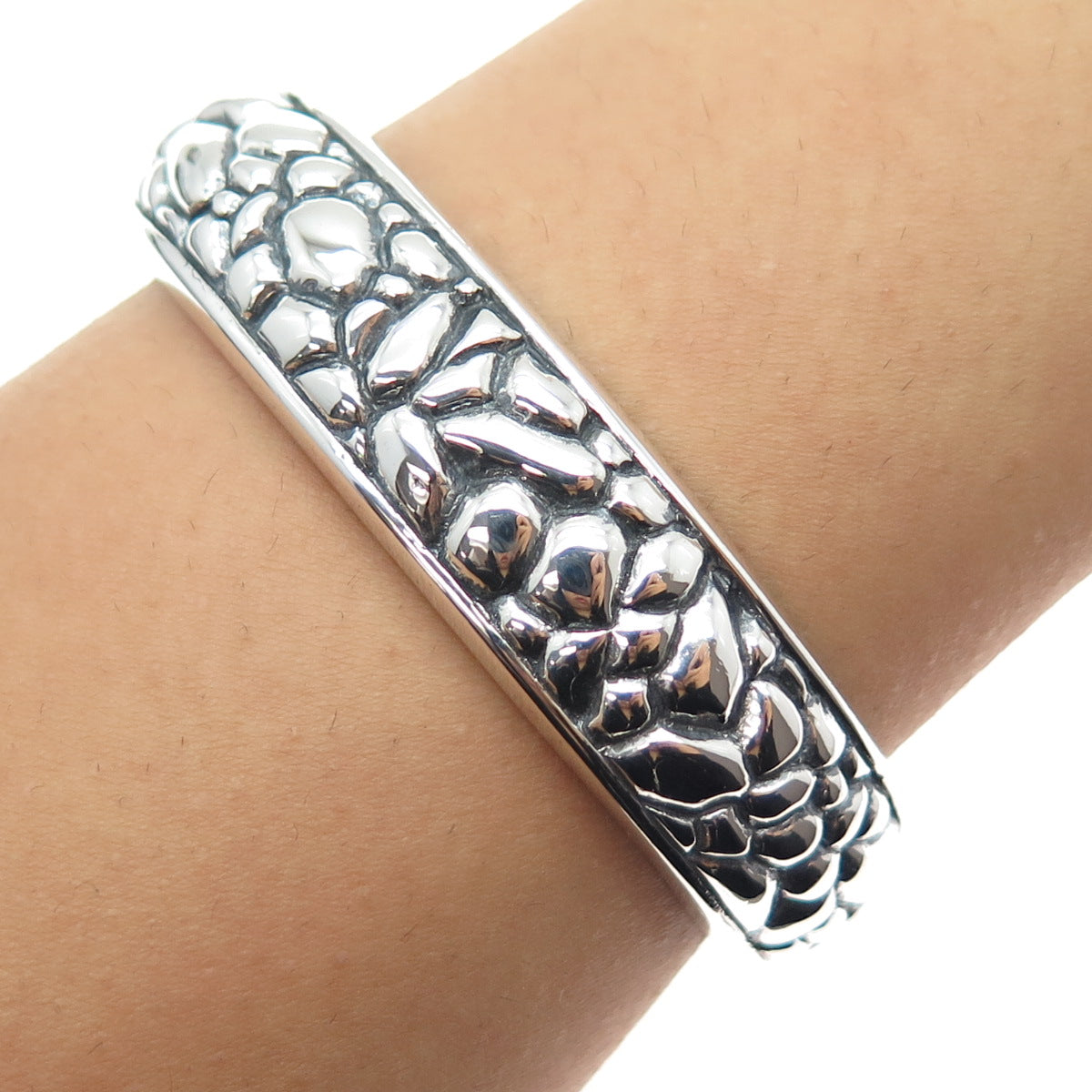 925 Sterling Silver Vintage Modernist Nugget Oxidized Adjustable Bracelet 6"