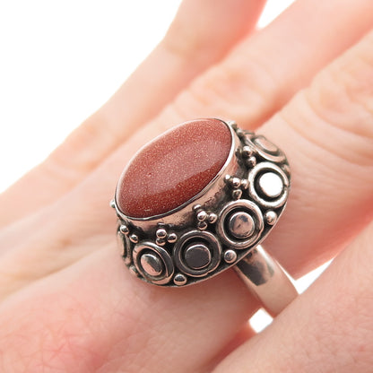 Suarti Bali Sterling Silver Vintage Real Goldstone Dotted Oxidized Ring Size 7