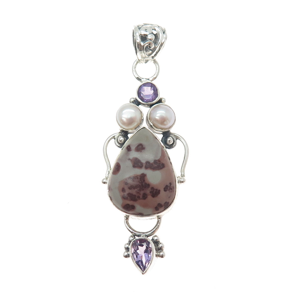 925 Sterling Silver Vintage Real Pearl Amethyst & Jasper Modernist Pendant