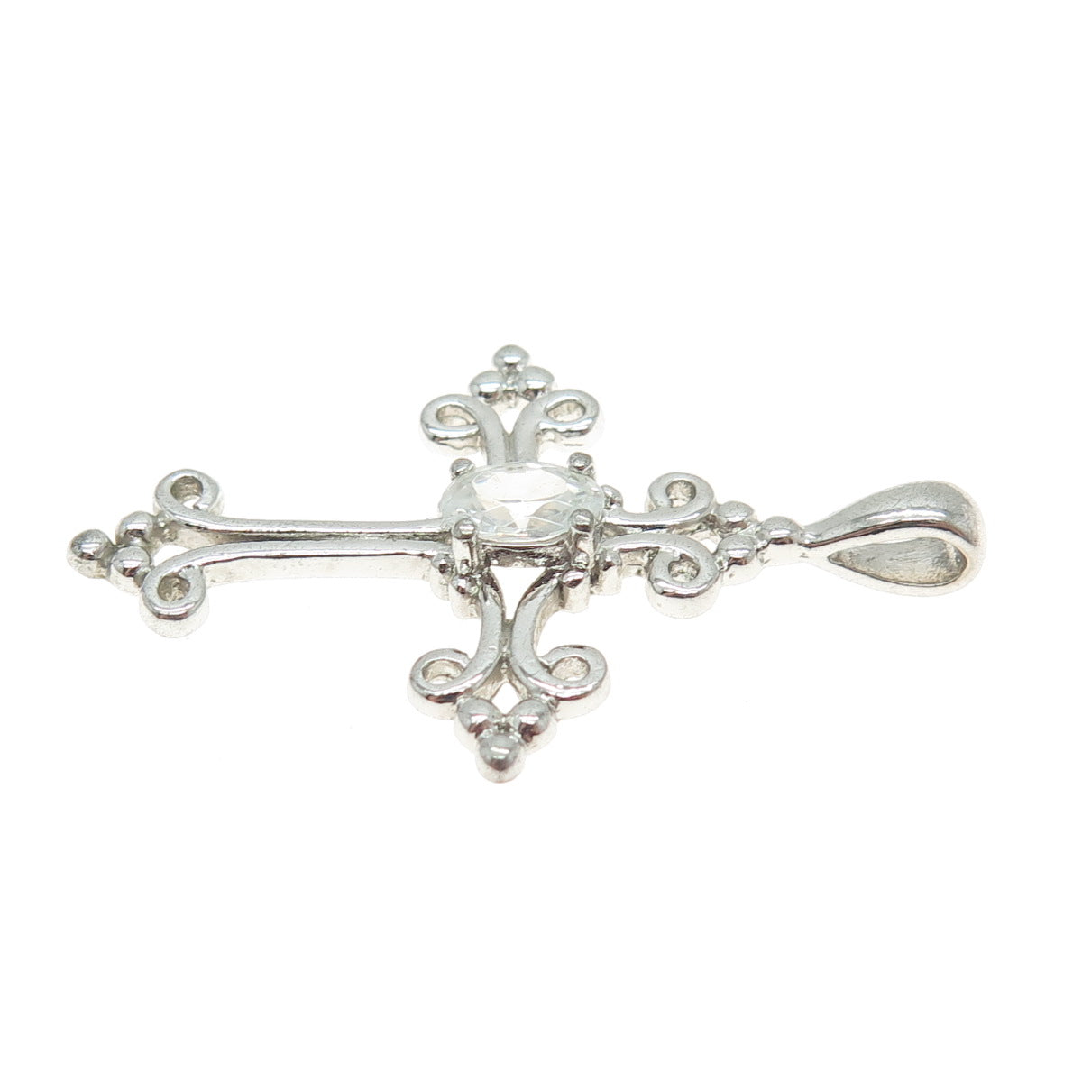 925 Sterling Silver Oval-Cut C Z Ornate Cross Pendant