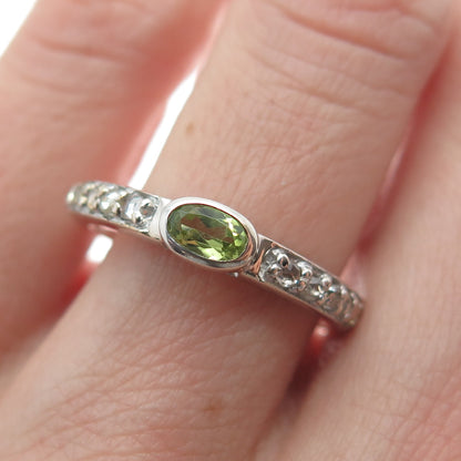 925 Sterling Silver Real Round-Cut Diamond & Oval-Cut Peridot Ring Size 7.75