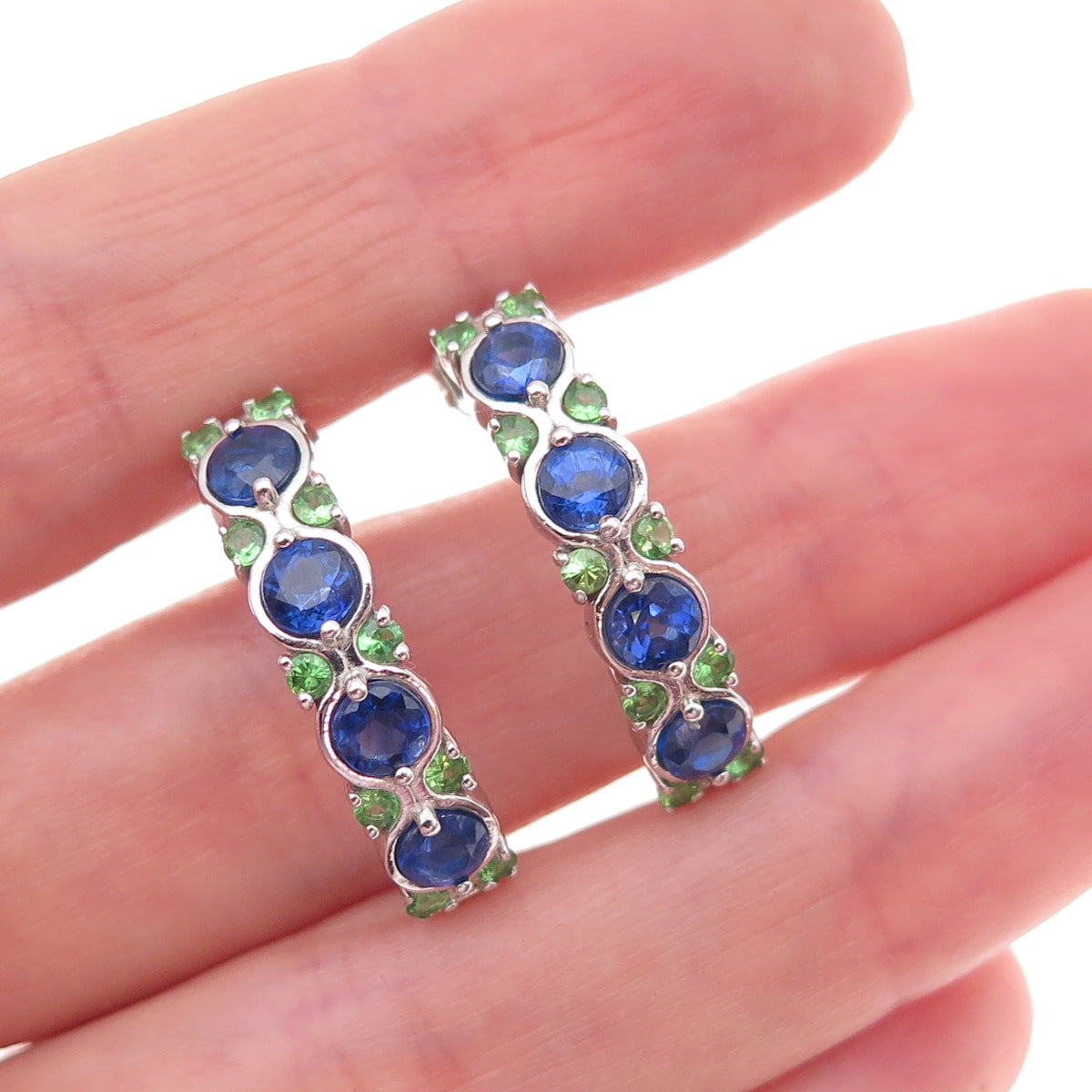 925 Sterling Silver Real Round-Cut Sapphire & Tsavorite Crescent Earrings
