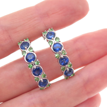 925 Sterling Silver Real Round-Cut Sapphire & Tsavorite Crescent Earrings