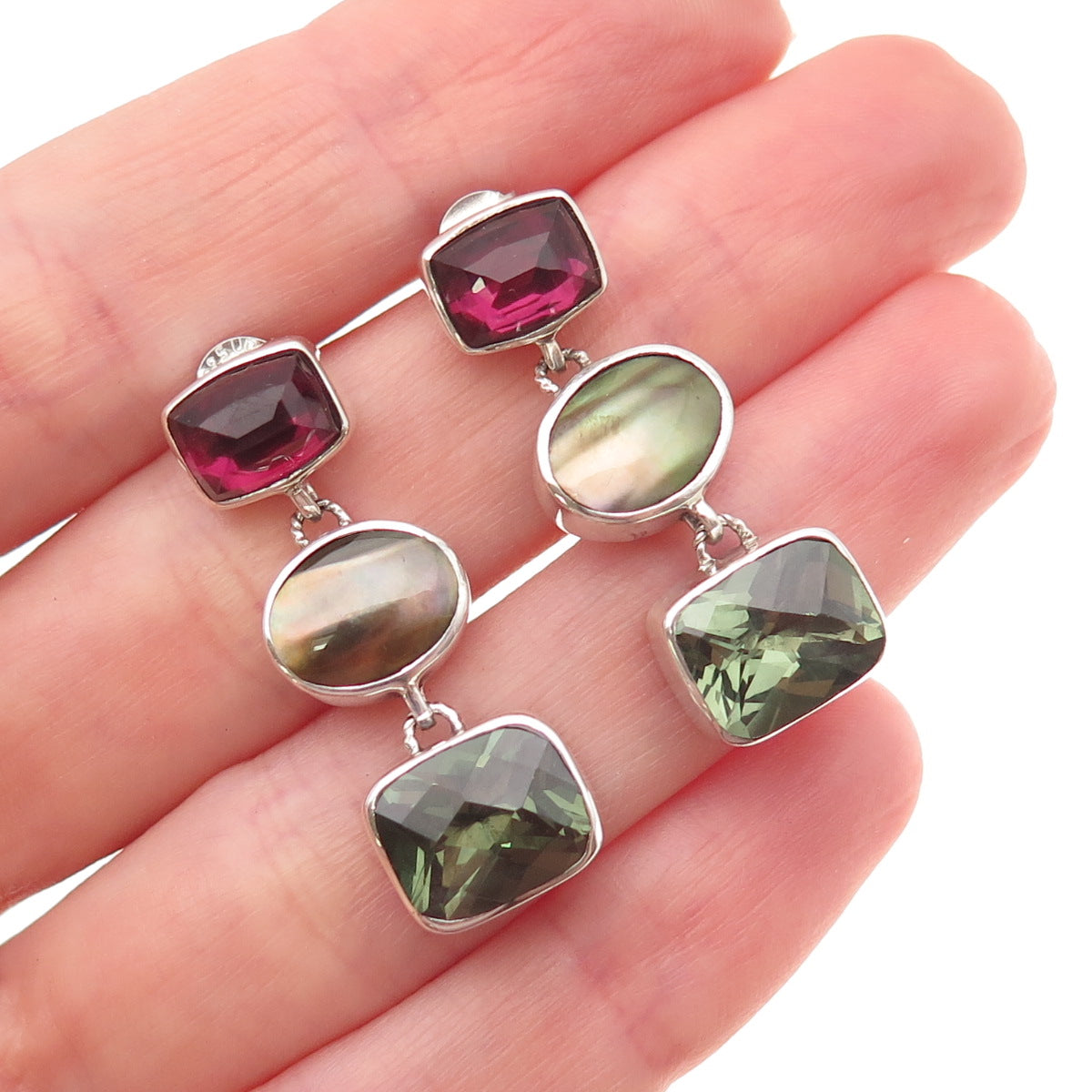 Lori Bonn Sterling Vintage Real Green & Pink Tourmaline Abalone Shell Earrings