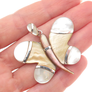 925 Sterling Silver Vintage Real Mother-of-Pearl Butterfly Pendant