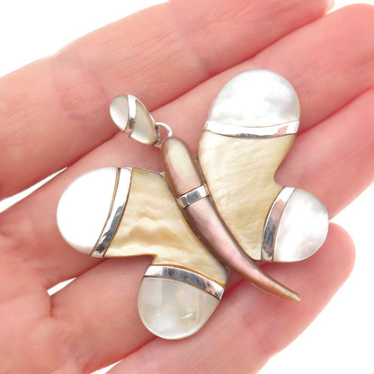 925 Sterling Silver Vintage Real Mother-of-Pearl Butterfly Pendant