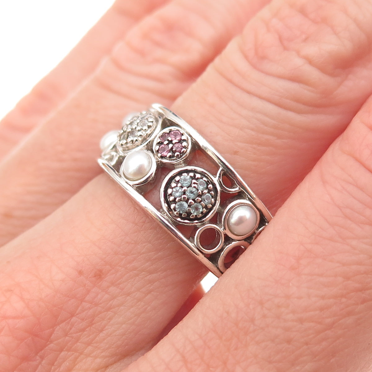 Effy 925 Sterling Silver Real Sapphire Blue & White Topaz Pearl Ring Size 7.5