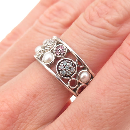 Effy 925 Sterling Silver Real Sapphire Blue & White Topaz Pearl Ring Size 7.5