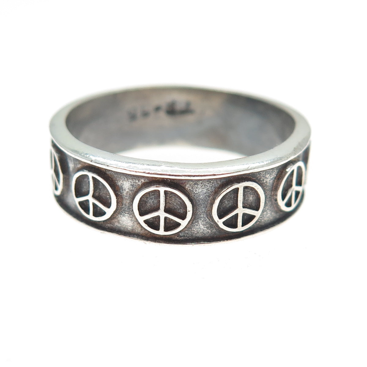 925 Sterling Silver Vintage Mexico Peace Symbol Oxidized Band Ring Size 12.25