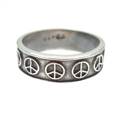 925 Sterling Silver Vintage Mexico Peace Symbol Oxidized Band Ring Size 12.25